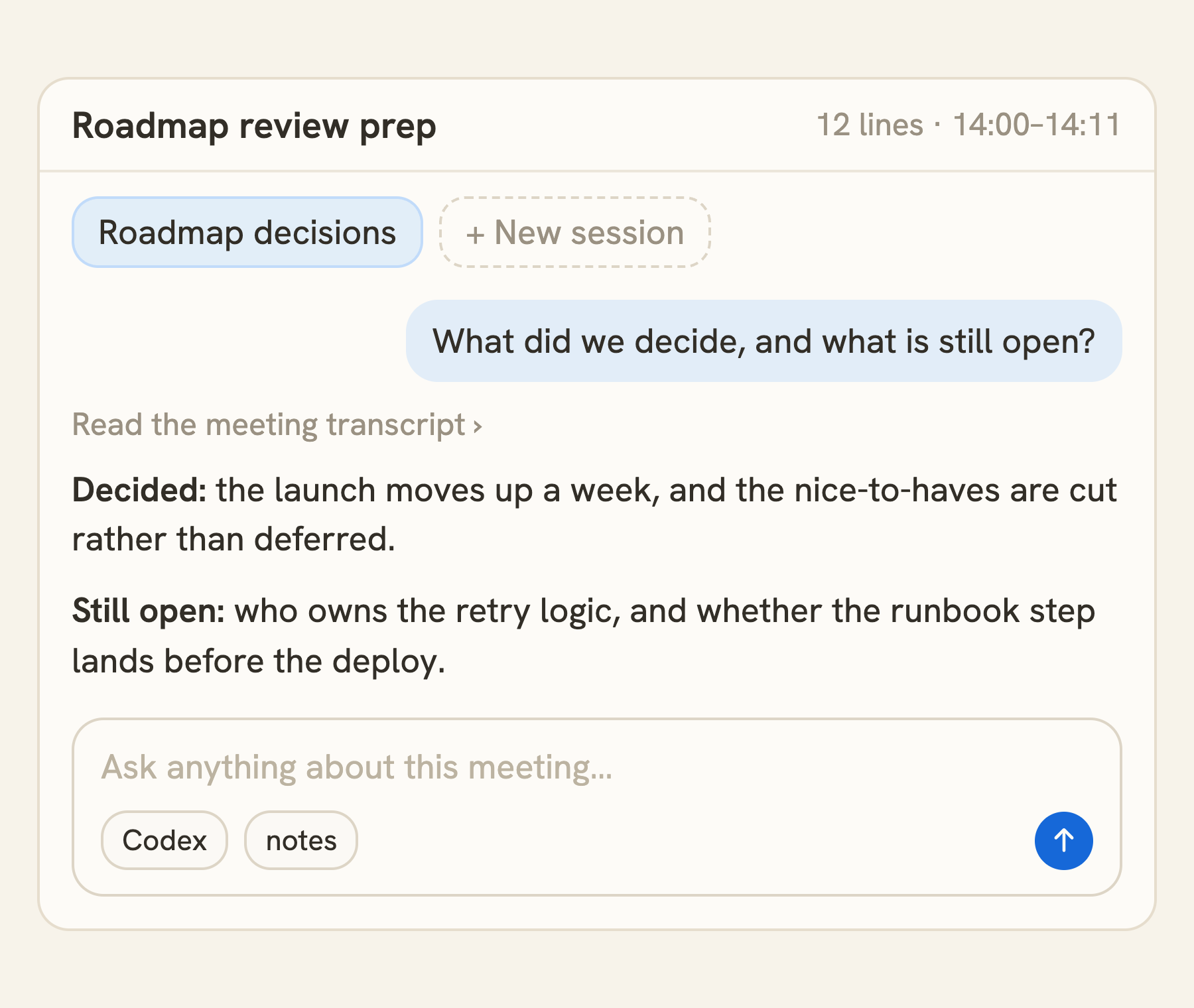 A meeting's own panel with an agent session on it: the question asked, the transcript it read, the decisions and open questions it answered, and a composer set to Codex