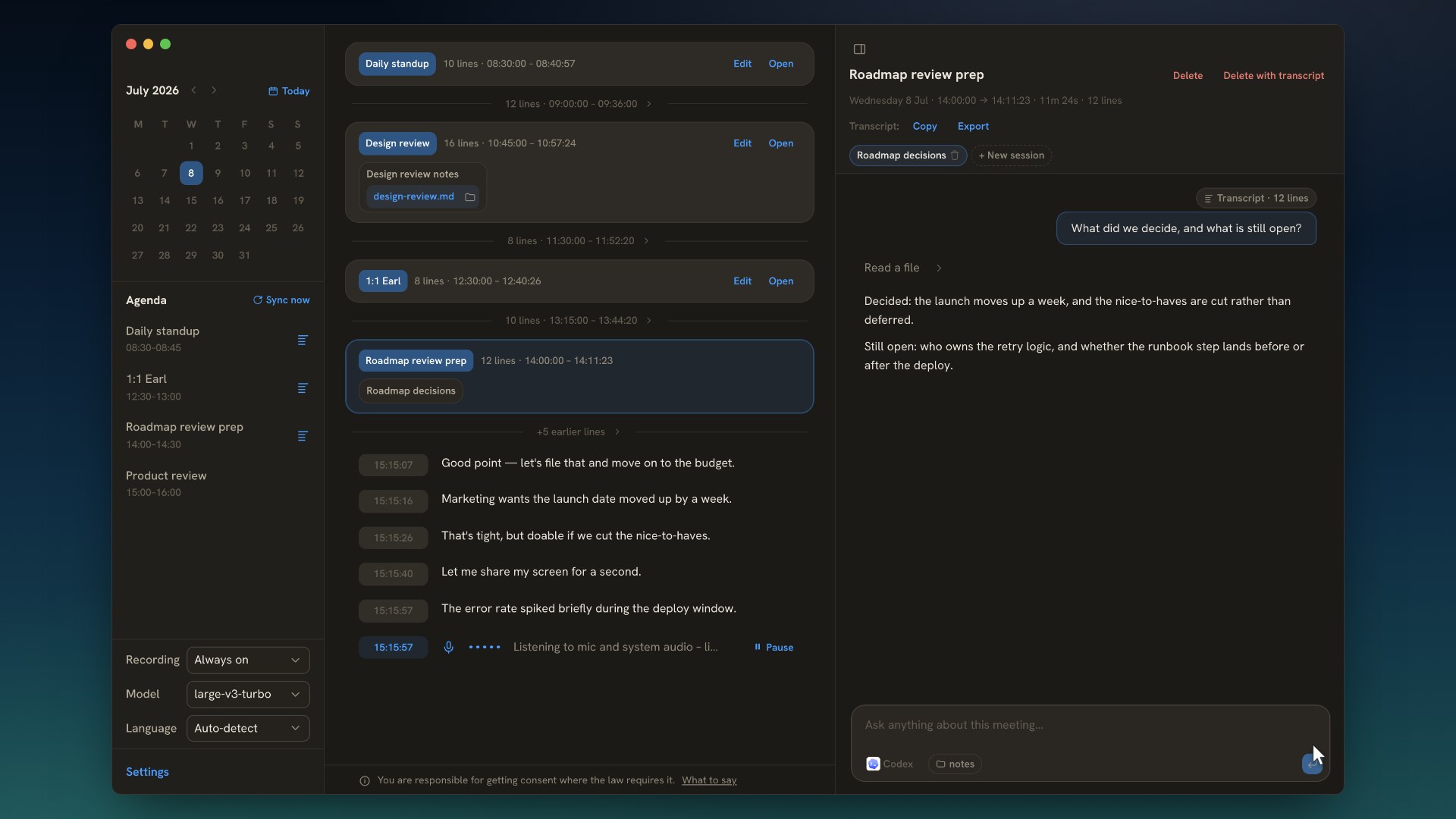 Dokončený běh agenta uvnitř Earkeep nad uchovanou schůzkou: zadání, přepis, který přečetl, co vyřešil, a soubor markdown, který napsal