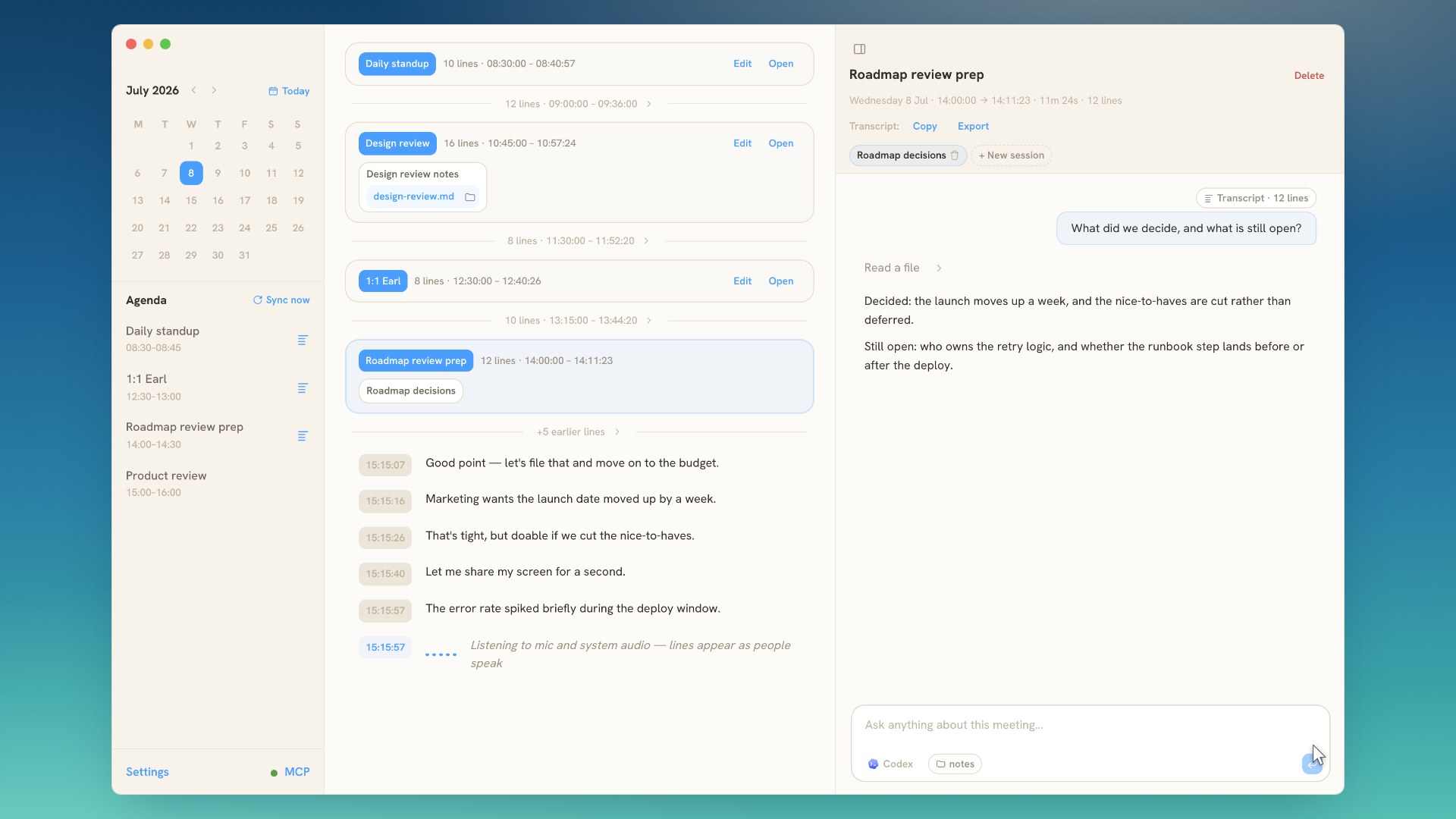 An agent's finished run inside Earkeep on a kept meeting: the prompt, the transcript it read, what it settled, and the markdown file it wrote