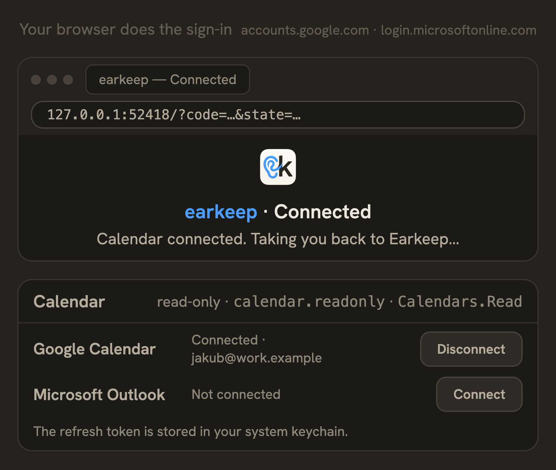 Přihlášení proběhne v prohlížeči na accounts.google.com nebo login.microsoftonline.com a skončí na vlastní stránce Earkeep "Kalendář připojen"; pod ní nastavení kalendáře v Earkeep ukazuje oprávnění jen pro čtení, Google Calendar připojený k pracovnímu účtu, Microsoft Outlook nepřipojený a refresh token uložený v systémové klíčence