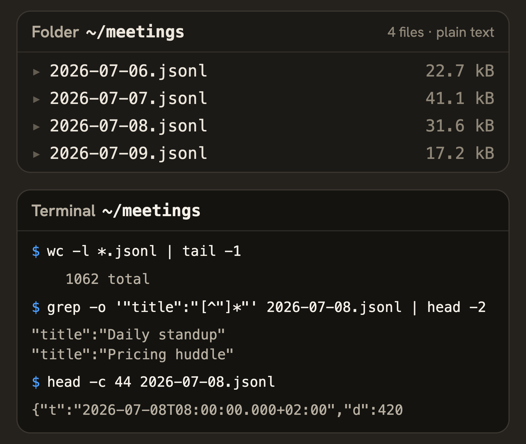 A ~/meetings folder of four .jsonl day files beside a terminal counting their lines, listing the day's meeting titles and pulling one sentence out of a file with grep