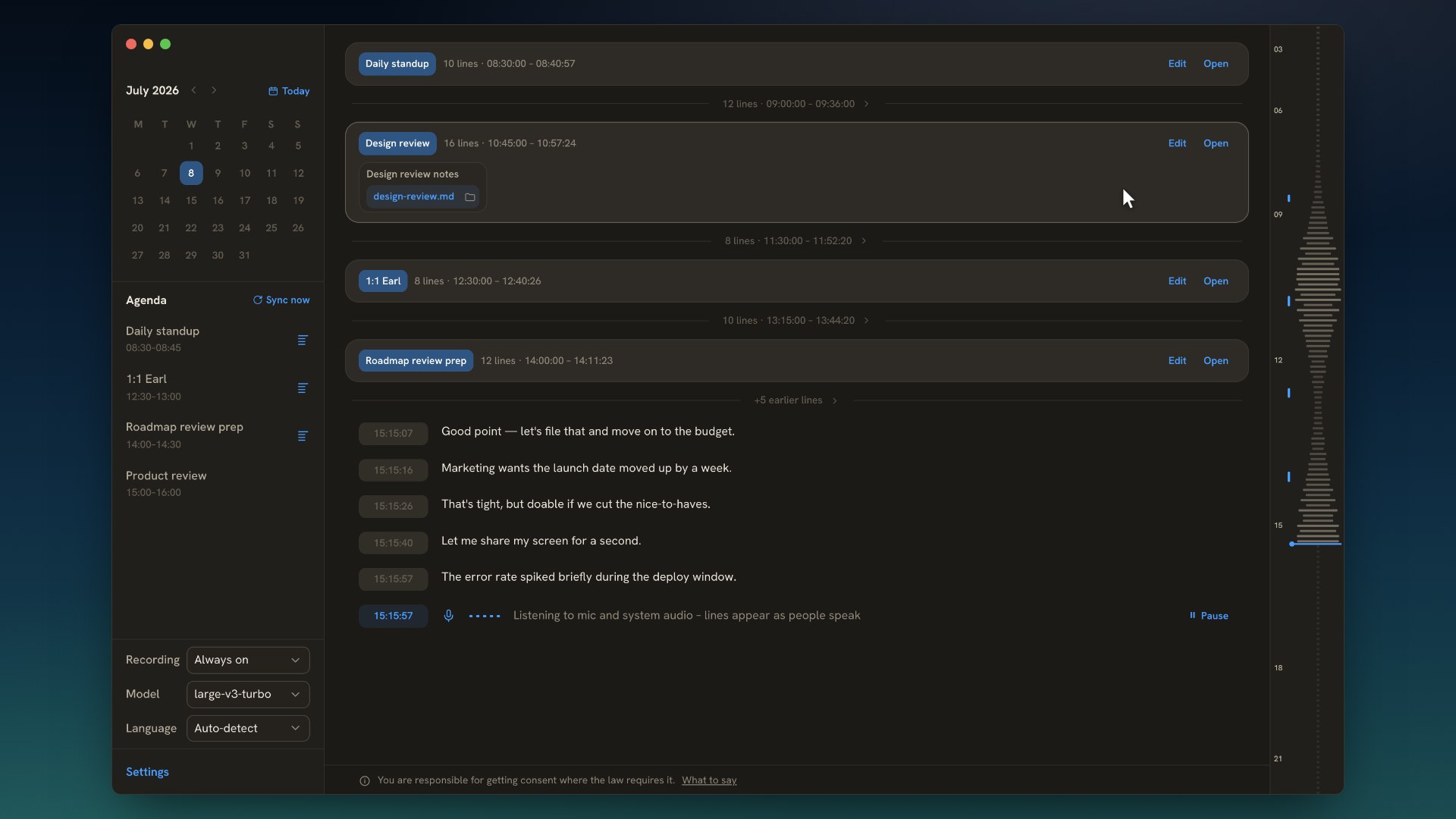 Tages-Timeline mit einer Wellenform-Minimap, die die transkribierte Aktivität über den Tag zeigt